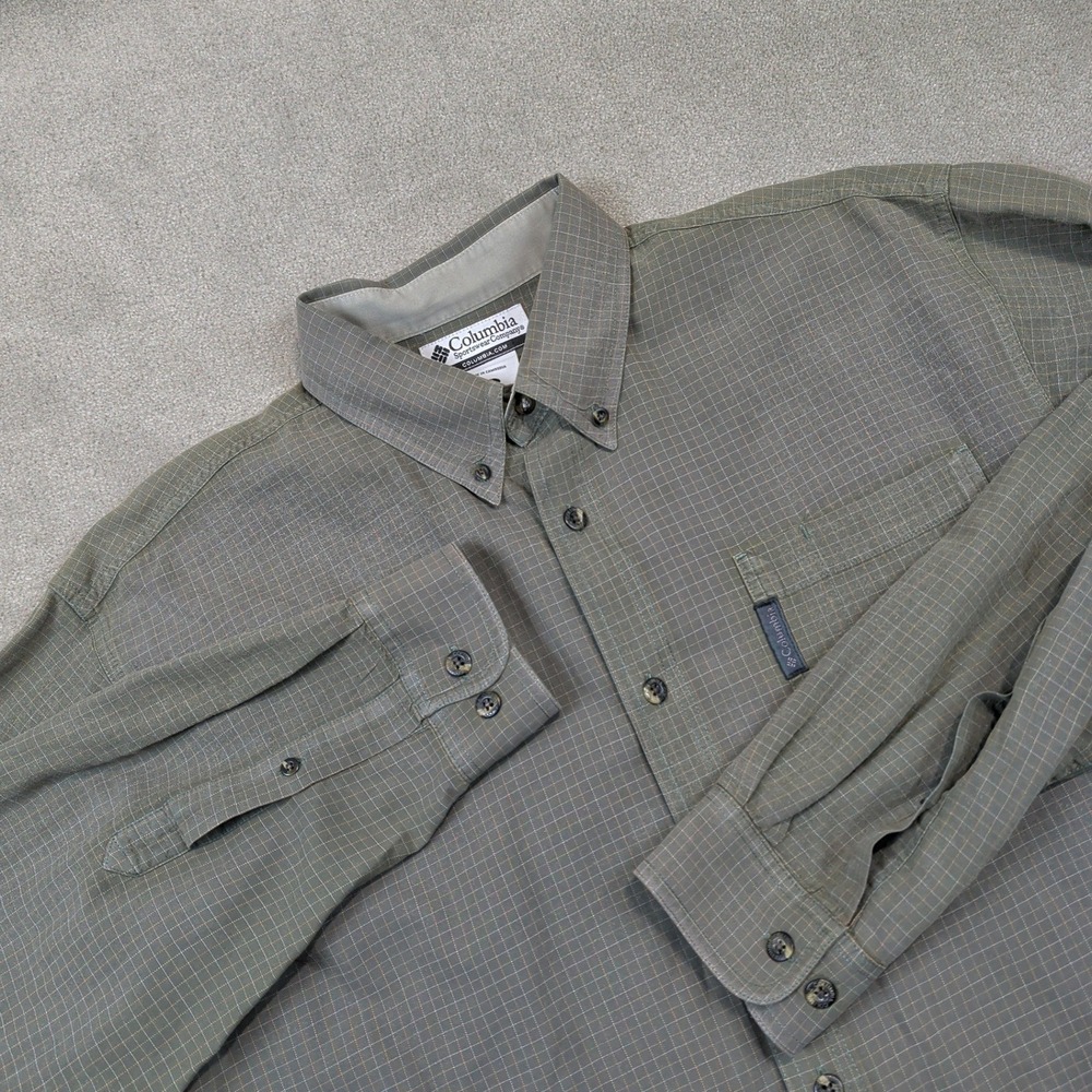 Columbia Shirt Mens Medium Green Grid Pattern Long Sleeve Button Down Cotton